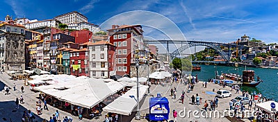 Panorama of Ribeira Square and Dom Luis I Bridge in Porto, Portugal Editorial Stock Photo