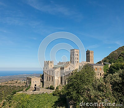 Panorama of the Romanesque abbey of Sant Pere de Rodes. Girona, Stock Photo