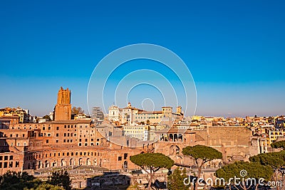 Panorama Rome Italy, sunset city Colosseum ruins Roman Forum from square of Venice Stock Photo