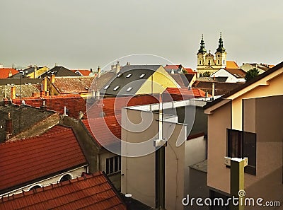 Panorama roofs of buildings with church in historical town Uherske Hradiste, Czech republic Stock Photo