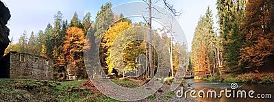 Panorama of ruin and autumnal forest Stock Photo