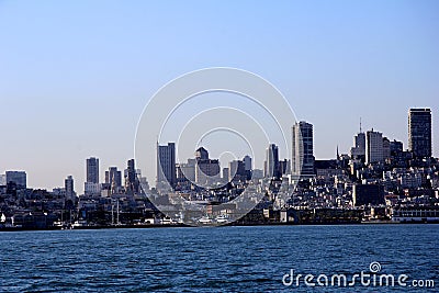 Panorama of San Francisco and Bay Bridge taken from Treasure Island Stock Photo