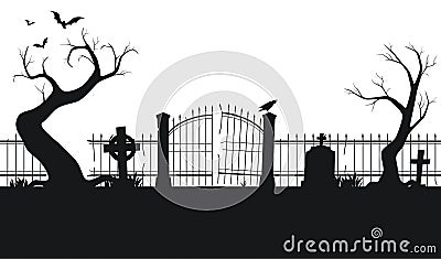 Panorama with scary silhouettes of trees, graves and abandoned buildings. Halloween background. Vector illustration Vector Illustration