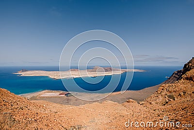 Panorama of scenic view of La Graciosa Island with mountain and Atlantic ocean Stock Photo