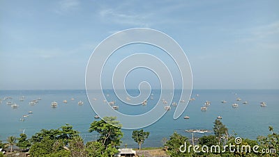 Panorama of the sea bay with lots of fish ponds. View of the sea bay. Stock Photo