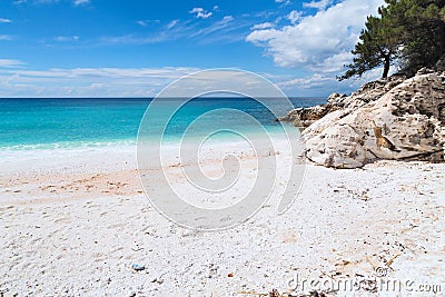 Panorama of seascape with greek Saliara aka Marble Beach, Thassos Island, Greece Stock Photo