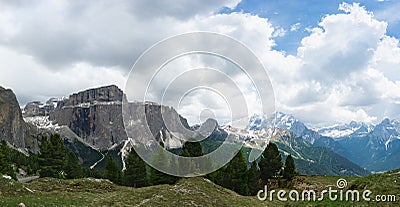 Panorama of Sella massif and mount Marmolada. Dolomites, Italy Stock Photo