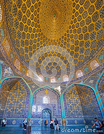 Panorama of Sheikh Lotfollah Mosque interior, Isfahan, Iran Editorial Stock Photo