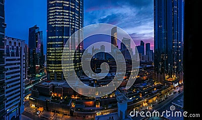 Panorama shot of the WTC World Trade Center on a cloudy tropical sunset in Abu Dhabi Editorial Stock Photo