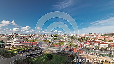 Panorama showing aerial view over the center of Lisbon timelapse from Miradouro de Sao Pedro de Alcantara Editorial Stock Photo