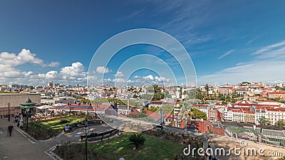 Panorama showing aerial view over the center of Lisbon timelapse from Miradouro de Sao Pedro de Alcantara Stock Photo