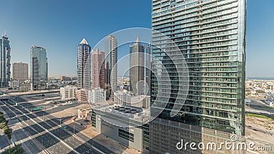 Panorama showing business bay district skyline with modern architecture timelapse from above. Stock Photo