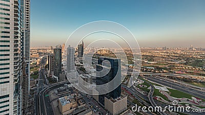 Panorama showing Dubai marina and JLT skyscrapers along Sheikh Zayed Road aerial timelapse. Editorial Stock Photo
