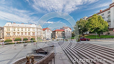 Panorama showing Sulkowski Castle and fountain on Chrobry Square in Bielsko-Biala timelapse, Poland. Stock Photo