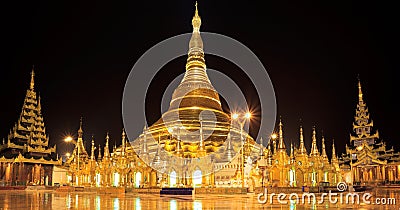 Panorama Shwedagon pagoda at night, Yangon,Myanmar Stock Photo