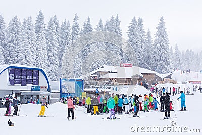 Panorama of ski resort Kopaonik, Serbia, skiers, lift, pine trees Editorial Stock Photo