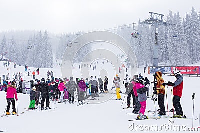 Panorama of ski resort Kopaonik, Serbia, skiers, lift, pine trees Editorial Stock Photo