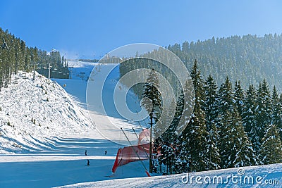 Panorama of ski resort, slope, people on the ski lift Stock Photo