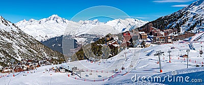 Panorama of ski resorts and ski fields in Les Arcs 2000 with Mont Blanc as background, Savoie, France, Europe Editorial Stock Photo