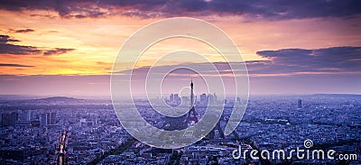 panorama of skyline of Paris with Eiffel Tower at sunset in Paris, France. Eiffel Tower is one of the most iconic landmarks of Stock Photo