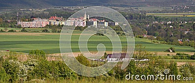 Panorama of the small mountain town of Bystrzyca Klodzka, view from a nearby hill Stock Photo