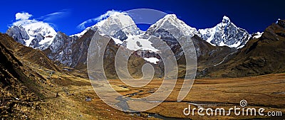 Panorama of snowy mountains and valley of rivers in the remote Cordillera Huayhuash Circuit near Caraz in Peru Stock Photo