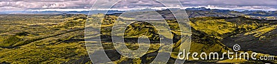 Panorama of Southwestern part of Lakagigar volcanic fissure viewed from the slope of Laki volcano in South of Iceland Stock Photo