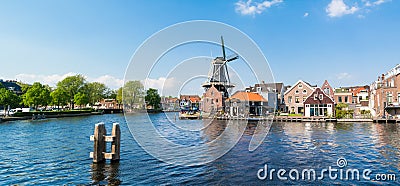 Panorama Spaarne river and mill in Haarlem, Netherlands Editorial Stock Photo