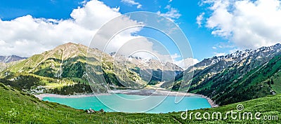 Panorama of spectacular scenic Big Almaty Lake ,Tien Shan Mountains in Almaty, Kazakhstan Stock Photo