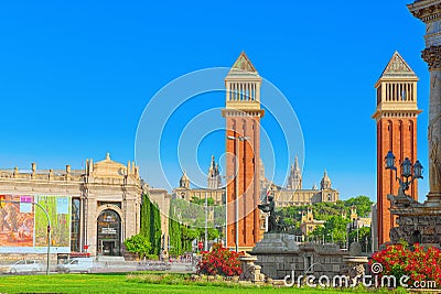 Panorama Square of Spain Placa De Espanya,in Barcelona - capi Editorial Stock Photo