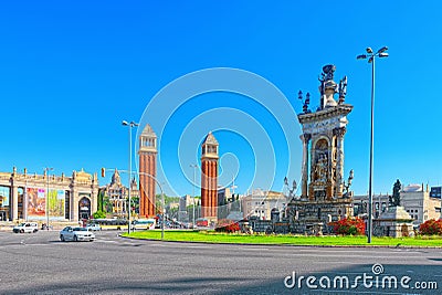 Panorama Square of Spain Placa De Espanya,in Barcelona - capi Editorial Stock Photo