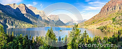 Panorama of St. Mary Lake and Wild Goose Island Stock Photo