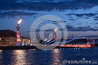 panorama of St. Petersburg, Neva river, Rostral columns with fire, white nights festival, June 24, 2022, St. Petersburg, Russia Editorial Stock Photo