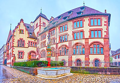 Panorama of State Archives Basel-stadt building with Sevogel Brunnen fountain in Basel, Switzerland Stock Photo