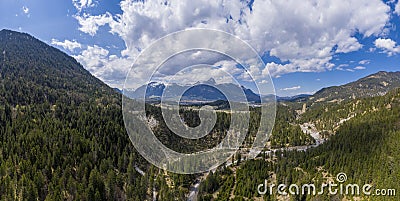 Panorama of stuibenfall valley with view to reutte and hahnenkamm mountain chain Stock Photo