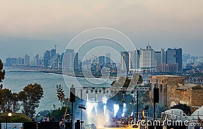 Panorama of Tel Aviv at sunset, coastal line with hotels. View of the stage for performances, evening concerts for the Editorial Stock Photo