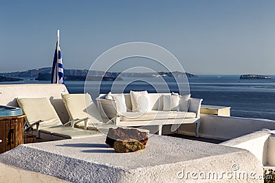 Panorama terrace above Santorini caldera Stock Photo