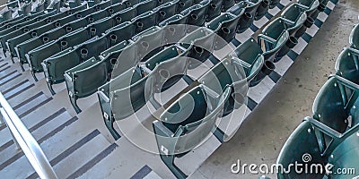 Panorama Tiered seating and viewing rooms on a baseball field viewed on a sunny day Stock Photo