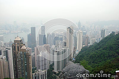 Hong Kong Panorama of megacities skyscrapers surrounded by the sea bay. Stock Photo