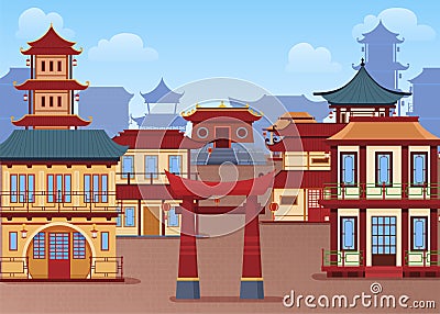 Panorama traditional Asian town vector flat illustration. Chinese street traditional houses, arch Vector Illustration
