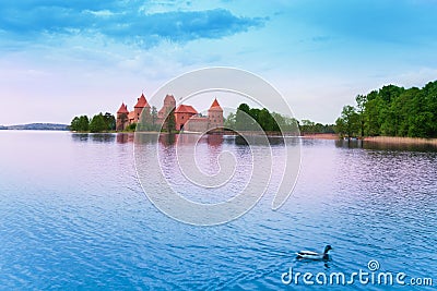 Panorama of Trakai castle and lake Galve Stock Photo