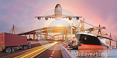 Panorama transport and logistic concept by truck boat plane for logistic Import export background Stock Photo