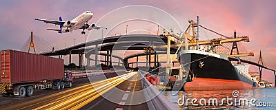 Panorama transport and logistic concept by truck boat plane for logistic Import export background Stock Photo