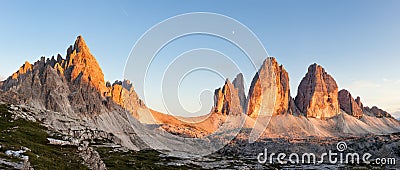 Panorama of Tre Cime and Monte Paterno at sunset Stock Photo