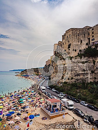 Panorama of Tropea, Italy and the crowded beach of bathers Editorial Stock Photo