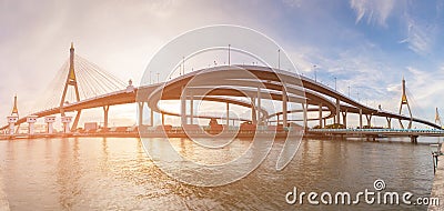 Panorama Twin suspension bridge connect with highway overpass Stock Photo
