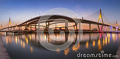 Panorama twin suspension bridge connect to highway intersection Stock Photo