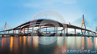 Panorama Twin Suspension bridge waterfront Stock Photo