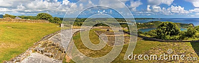 A panorama view across the fortress ruins at the Blockhouse viewpoint in Antigua Stock Photo