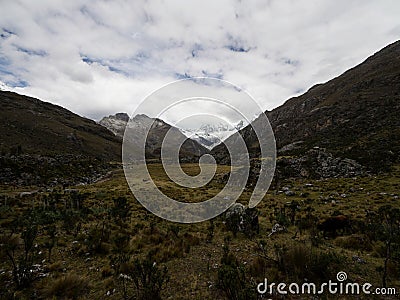 Panorama view of andean mountain landscape valley near Laguna 69 Cordillera Blanca Cebollapampa Huaraz Ancash Peru Stock Photo